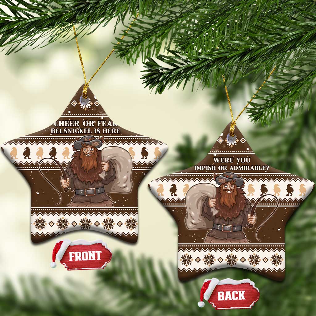 Brown ceramic star-shaped ornaments hanging, “Cheer or Fear” and “Were you impish or admirable?”