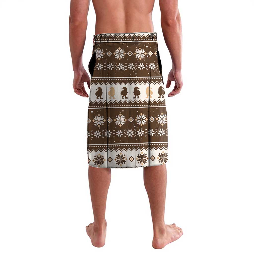 Men's brown Christmas sarong shorts with holiday snowflake pattern border