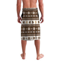 Men's brown Christmas sarong shorts with holiday snowflake pattern border