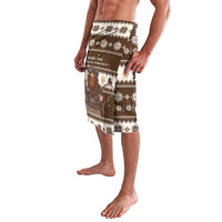 Men's brown Christmas sarong shorts with Belsnickel scene and zigzag trim