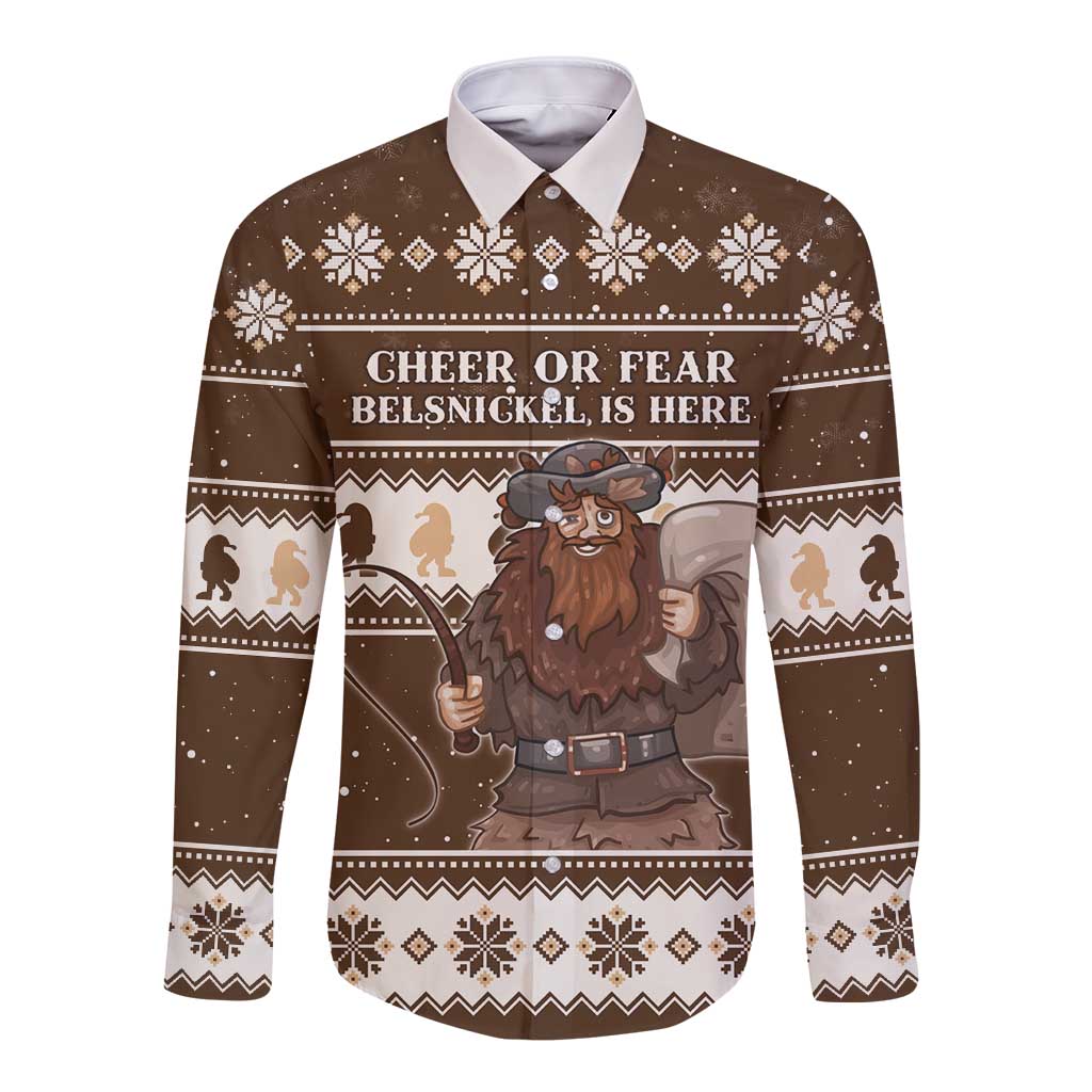 Brown long-sleeve button shirt with Belsnickel graphic and snowflake trim
