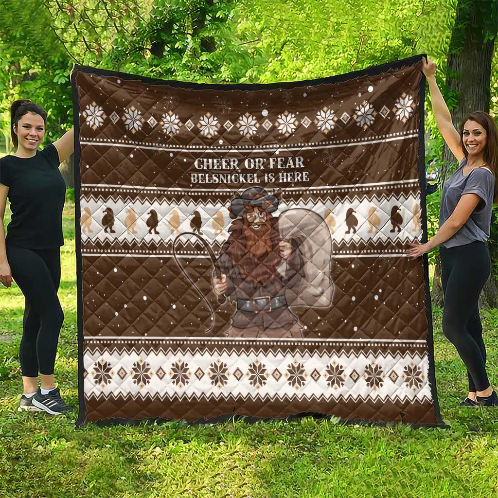 Brown Christmas quilt featuring “CHEER OR FEAR” text, Belsnickel figure, and snow patterns