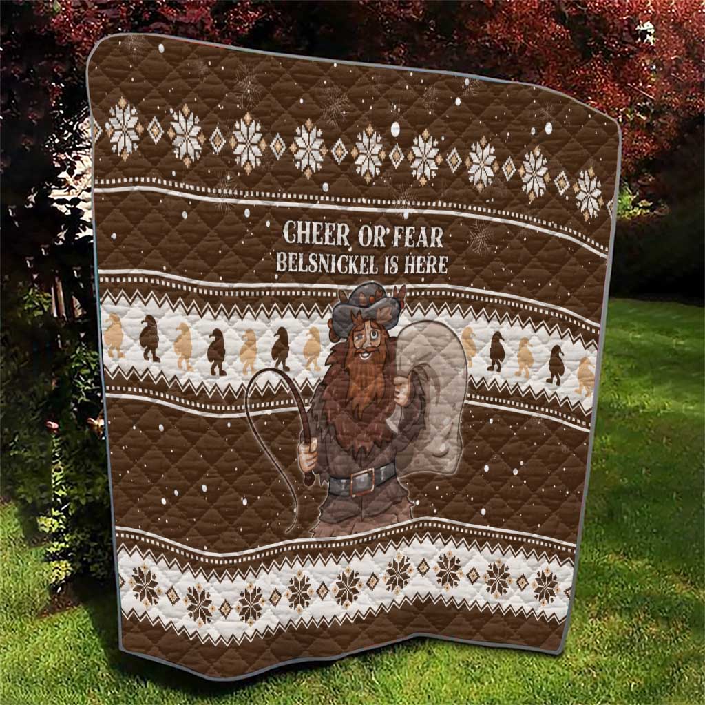 Brown quilt with festive Fair Isle design, “CHEER OR FEAR” wording, and Belsnickel artwork