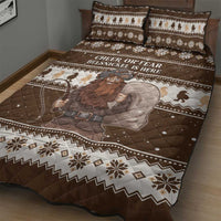 Brown Christmas quilt bed set with two pillows, Belsnickel holding a rope, zigzag winter border