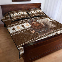 Brown Christmas quilt bed set with two pillow shams, Belsnickel illustration, diamond and snow border