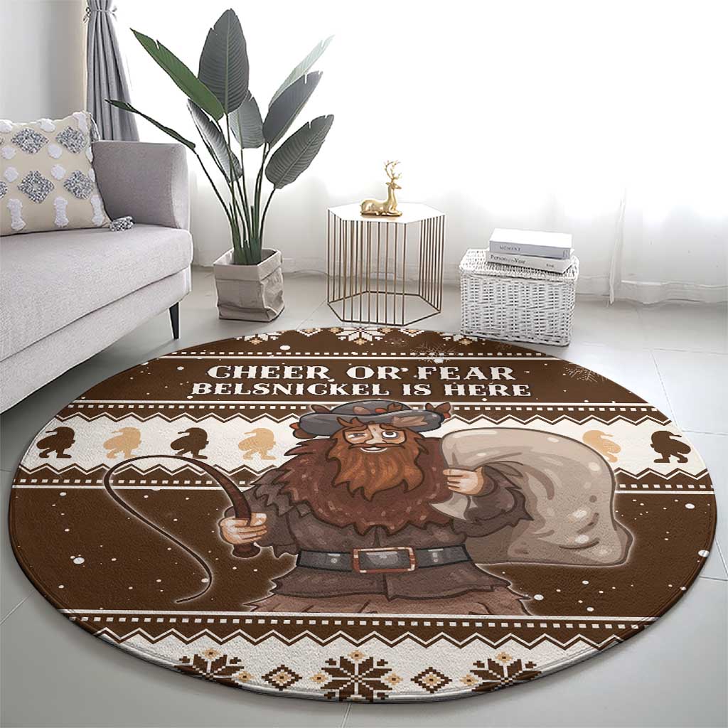 Brown round Christmas rug with central Belsnickel figure and ornate stripe edging