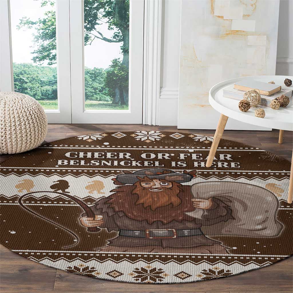Brown round Christmas rug with large Belsnickel graphic and winter motif border