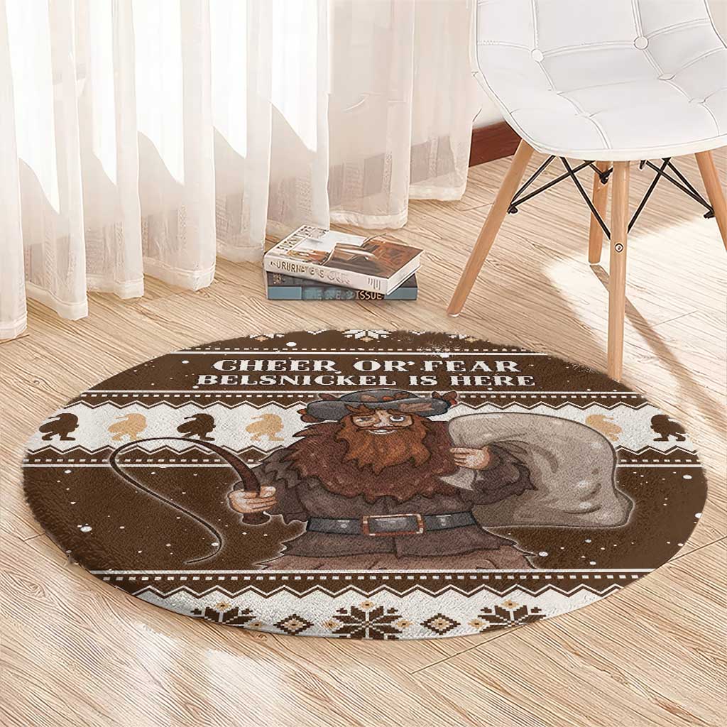 Brown round Christmas rug with Belsnickel holding a sack and patterned border