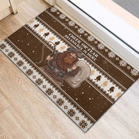 Brown rubber Christmas doormat with Belsnickel illustration, 'Cheer or Fear' and festive trim
