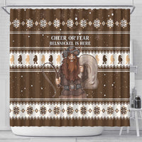 Brown shower curtain with Belsnickel holding bow, snowflake bands and 'Cheer or fear' text