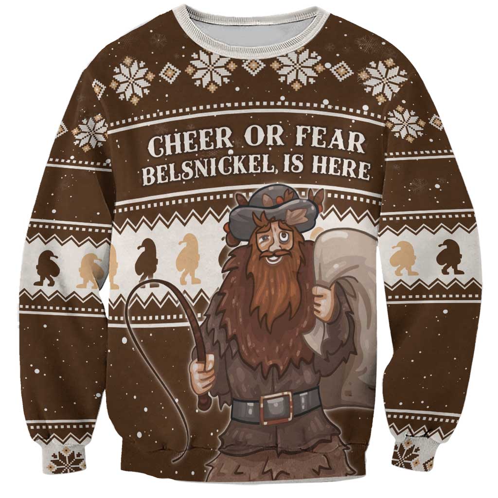 Brown Christmas sweatshirt with Belsnickel graphic, cheer or fear text, crewneck