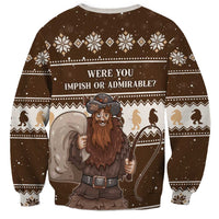 Brown Christmas sweatshirt with Belsnickel graphic, 'Were you impish or admirable?' text