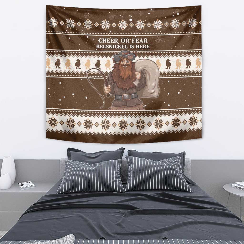 Brown Christmas tapestry with Belsnickel figure, holiday stripes, and decorative motifs