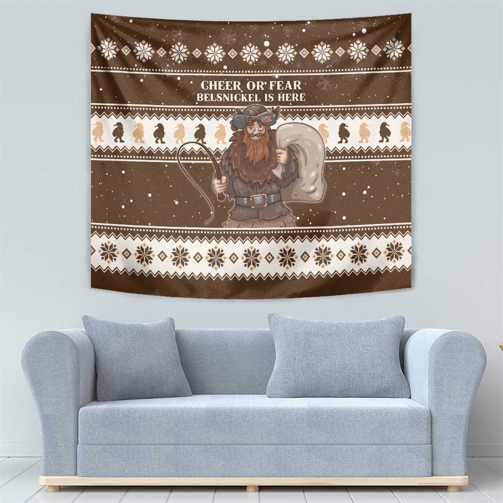 Brown Christmas tapestry with Belsnickel illustration, snow dots, and patterned trim