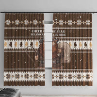 Brown Christmas window curtain panel with Belsnickel character and snowflake border design