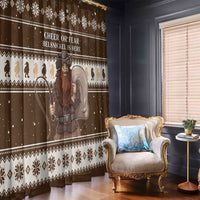 Pair of brown Christmas window curtains with Belsnickel graphic and white geometric trim