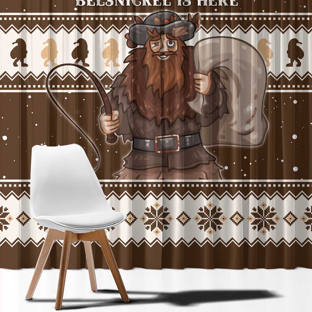 Brown Christmas curtain close-up with Belsnickel holding rope, snowflake and zigzag trim