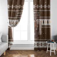 Brown Christmas window curtain panels with Belsnickel scene and small reindeer icons at hem