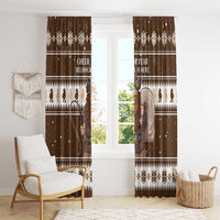 Brown Christmas curtain pair with Belsnickel illustration, dots, and ornate white border