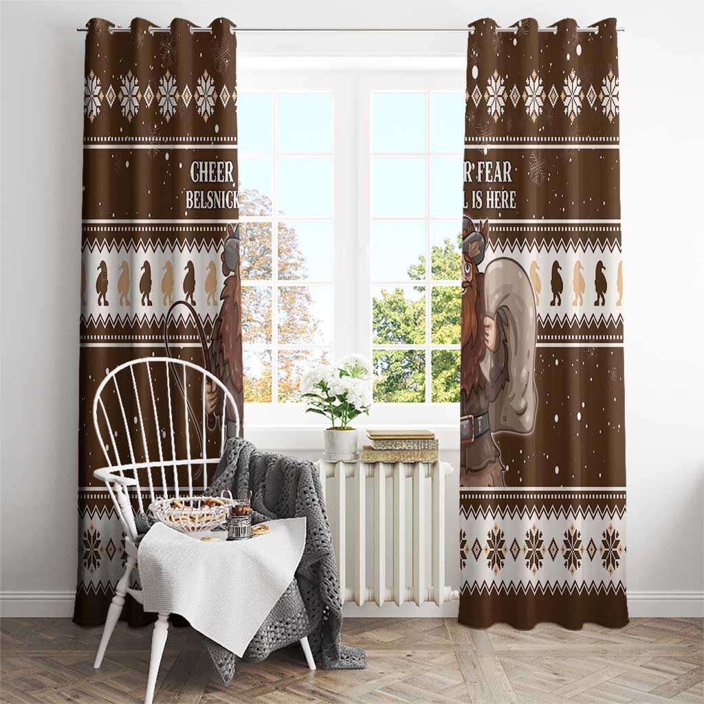 Brown Christmas window curtains with Belsnickel graphic and snowflake diamonds across top