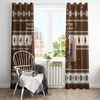 Brown Christmas window curtains with Belsnickel graphic and snowflake diamonds across top