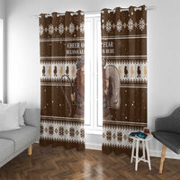 Brown Christmas window curtains with hooks/loops and Belsnickel art plus patterned banding