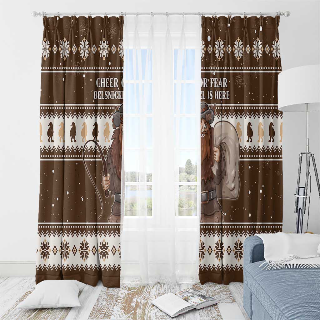 Brown Christmas curtain pair with Belsnickel character print and snowflake frame border