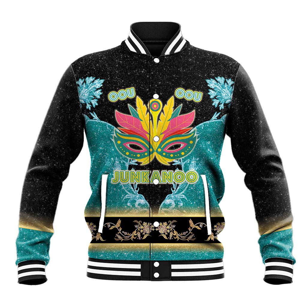 Unisex black baseball jacket with colorful Junkanoo mask graphic, ribbed cuffs and collar