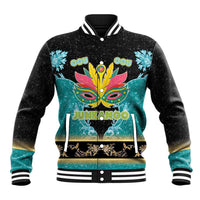 Unisex black baseball jacket with colorful Junkanoo mask graphic, ribbed cuffs and collar