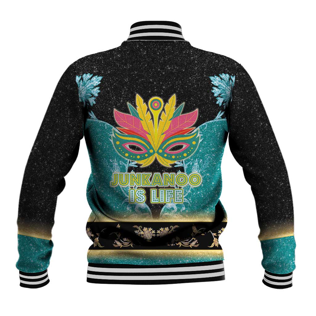 Unisex black baseball jacket with back Junkanoo mask graphic in teal and gold, ribbed hem