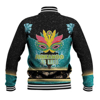 Unisex black baseball jacket with back Junkanoo mask graphic in teal and gold, ribbed hem