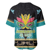 Colorful baseball jersey with V-neck and buttons, Junkanoo mask and slogan text