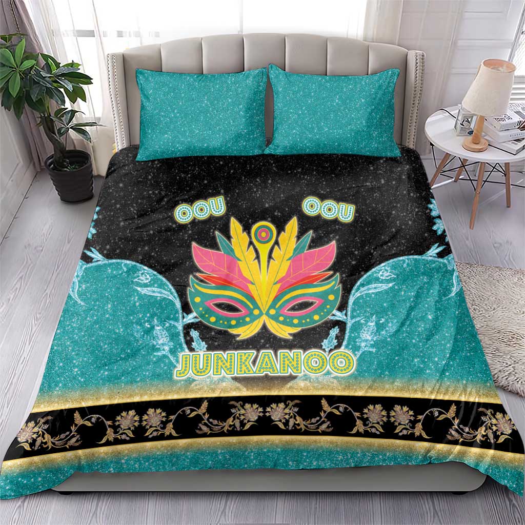 Junkanoo-themed bedding set: teal and black duvet with Junkanoo mask design and two shams