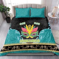 Junkanoo-themed bedding set: teal and black duvet with Junkanoo mask design and two shams