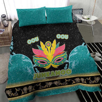Junkanoo-themed bedding set with teal side panels, black center, and Junkanoo mask print
