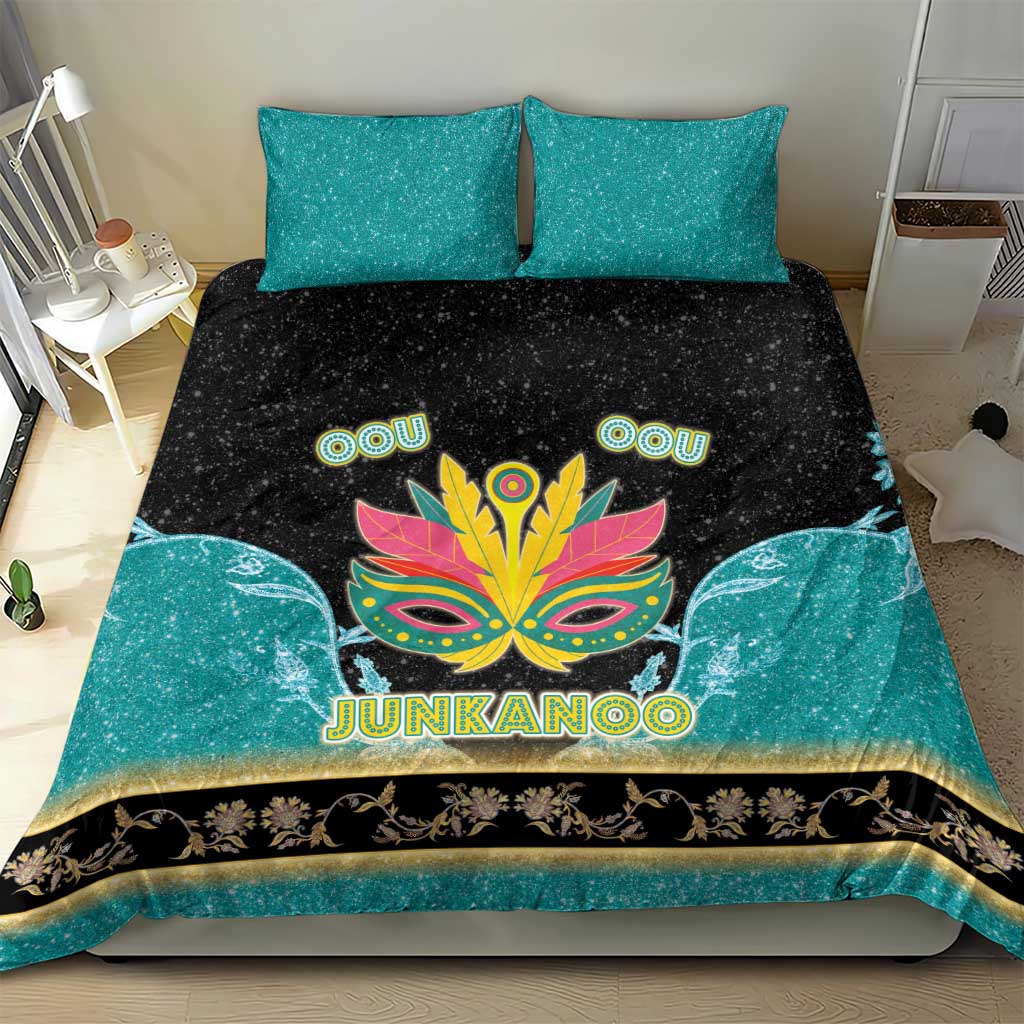 Junkanoo-themed bedding set with teal and black duvet, colorful mask graphic, and two shams
