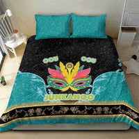 Junkanoo-themed bedding set with teal and black duvet, colorful mask graphic, and two shams