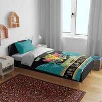 Junkanoo-themed bedding set on a bed: teal and black duvet with colorful mask artwork