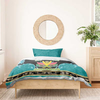 Junkanoo-themed bedding set with teal duvet, black graphic, and colorful mask with gold text
