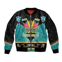 Colorful bomber jacket in black and teal, front graphic, full-zip with ribbed cuffs