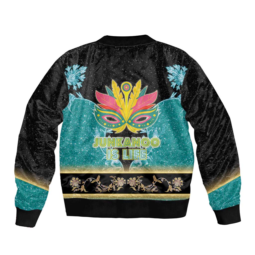 Colorful bomber jacket, black and teal, back graphic with Junkanoo is Life text, ribbed hem