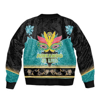 Colorful bomber jacket, black and teal, back graphic with Junkanoo is Life text, ribbed hem
