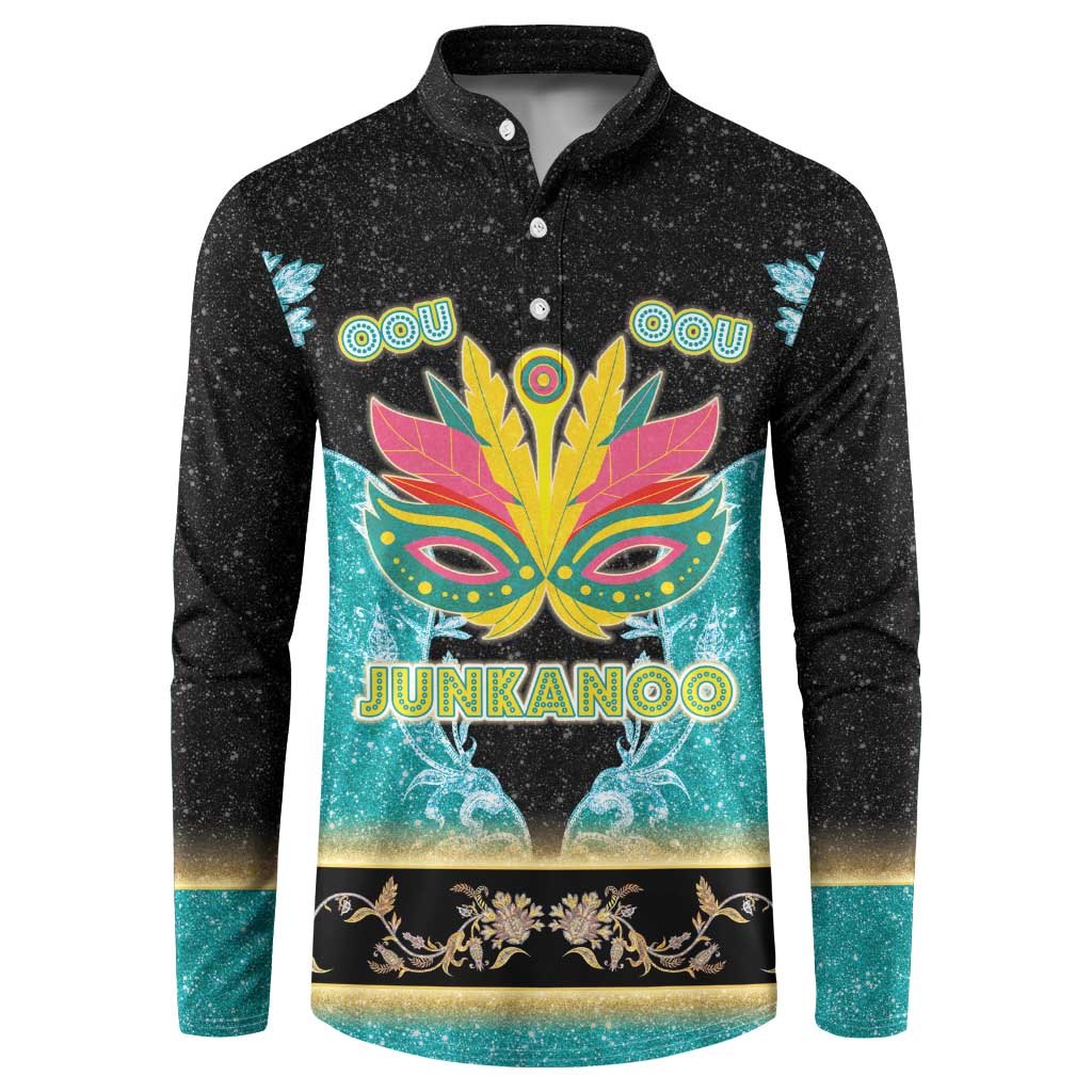 Black button-front sweatshirt with colorful masquerade mask graphic and Junkanoo print