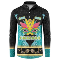 Black button-front sweatshirt with colorful masquerade mask graphic and Junkanoo print
