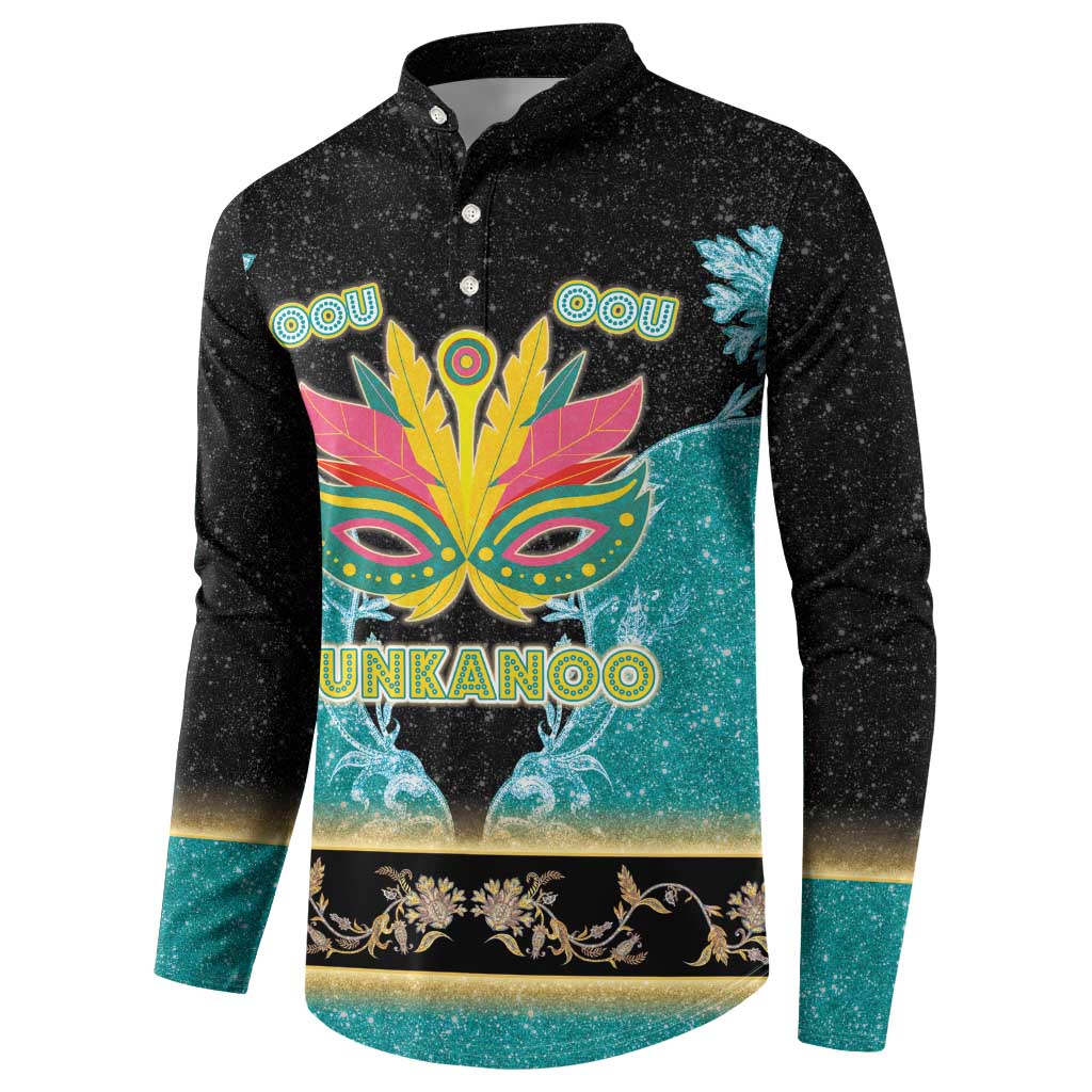 Black button-front sweatshirt with colorful mask graphic, Junkanoo print, teal side panels
