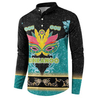 Black button-front sweatshirt with colorful mask graphic, Junkanoo print, teal side panels