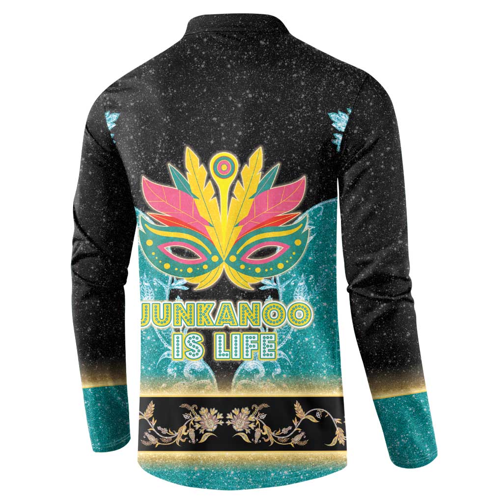 Black button-front sweatshirt, back view with colorful mask and Junkanoo is life text