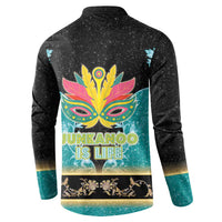 Black button-front sweatshirt, back view with colorful mask and Junkanoo is life text