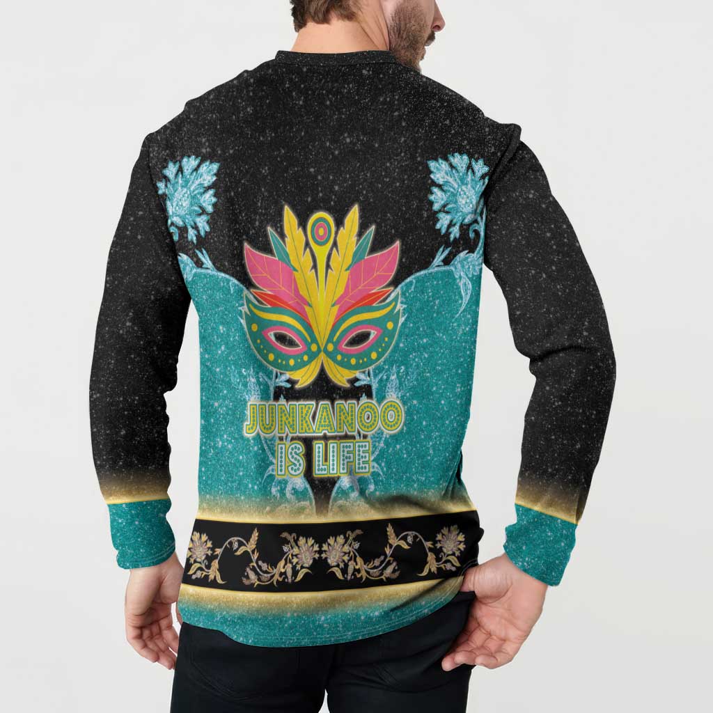 Black button-front sweatshirt back view with colorful mask and Junkanoo is life text, model