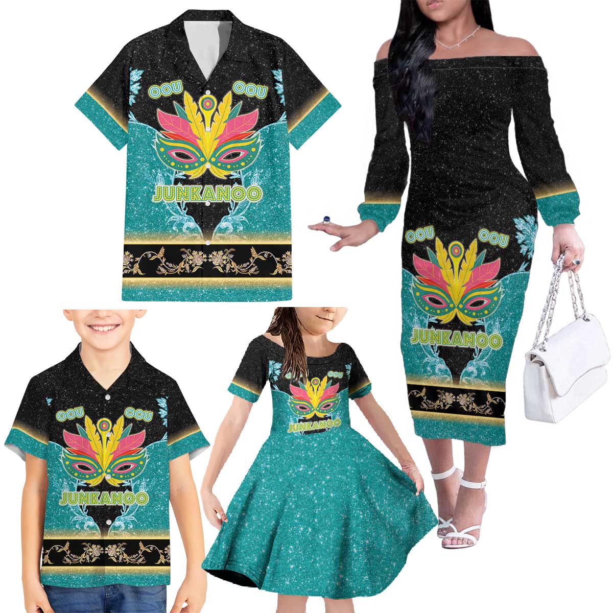 Bahamas Junkanoo Family Matching Off The Shoulder Long Sleeve Dress and Hawaiian Shirt Junkanoo Is Life LT05 - Wonder Print Shop